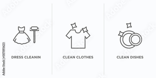 cleaning outline icons set. thin line icons such as dress cleanin, clean clothes, clean dishes vector. linear icon sheet can be used web and mobile