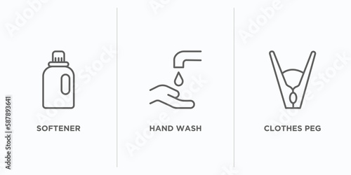 cleaning outline icons set. thin line icons such as softener, hand wash, clothes peg vector. linear icon sheet can be used web and mobile