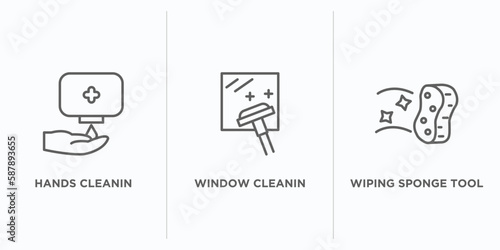 cleaning outline icons set. thin line icons such as hands cleanin, window cleanin, wiping sponge tool vector. linear icon sheet can be used web and mobile