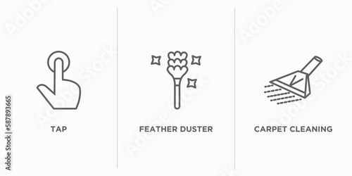 cleaning outline icons set. thin line icons such as tap, feather duster, carpet cleaning vector. linear icon sheet can be used web and mobile