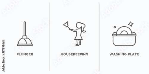 cleaning outline icons set. thin line icons such as plunger, housekeeping, washing plate vector. linear icon sheet can be used web and mobile