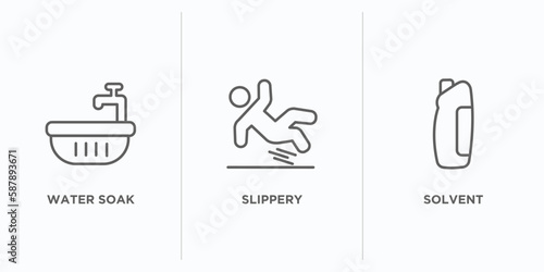 cleaning outline icons set. thin line icons such as water soak, slippery, solvent vector. linear icon sheet can be used web and mobile