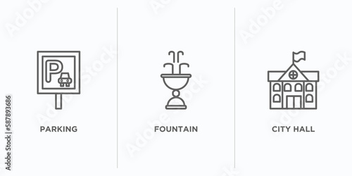 city elements outline icons set. thin line icons such as parking, fountain, city hall vector. linear icon sheet can be used web and mobile