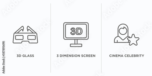 cinema outline icons set. thin line icons such as 3d glass, 3 dimension screen, cinema celebrity vector. linear icon sheet can be used web and mobile