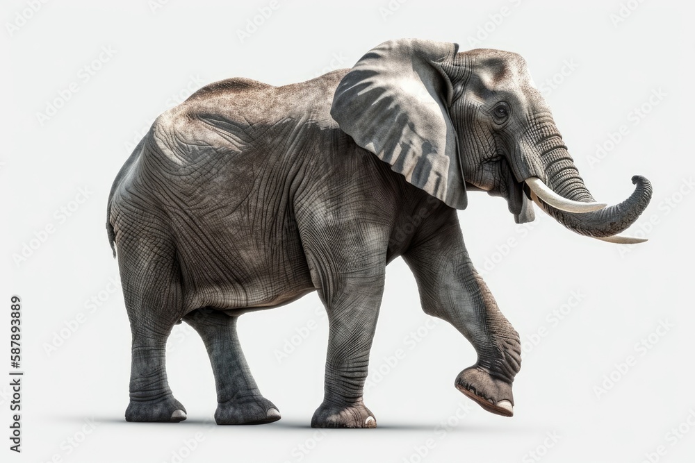 Illustration of an elephant standing on a white background with its trunk up in the air. Generative AI