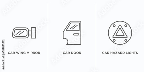 car parts outline icons set. thin line icons such as car wing mirror, car door, hazard lights vector. linear icon sheet can be used web and mobile