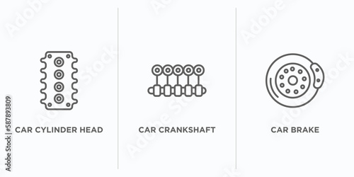 car parts outline icons set. thin line icons such as car cylinder head, car crankshaft, brake vector. linear icon sheet can be used web and mobile