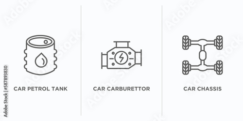 car parts outline icons set. thin line icons such as car petrol tank, car carburettor, chassis vector. linear icon sheet can be used web and mobile
