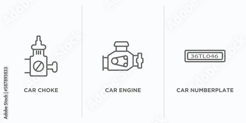 car parts outline icons set. thin line icons such as car choke, car engine, numberplate vector. linear icon sheet can be used web and mobile