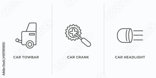 car parts outline icons set. thin line icons such as car towbar, car crank, headlight vector. linear icon sheet can be used web and mobile