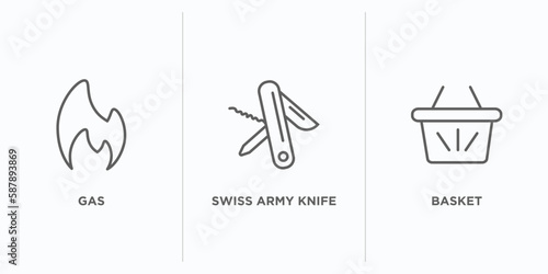 camping outline icons set. thin line icons such as gas, swiss army knife, basket vector. linear icon sheet can be used web and mobile