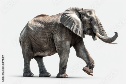 Illustration of an elephant standing on a white background with its trunk up in the air. Generative AI