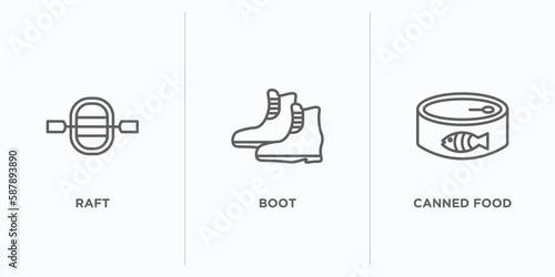 camping outline icons set. thin line icons such as raft, boot, canned food vector. linear icon sheet can be used web and mobile