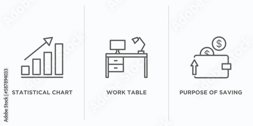 business outline icons set. thin line icons such as statistical chart, work table, purpose of saving money vector. linear icon sheet can be used web and mobile
