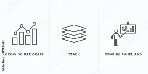 business outline icons set. thin line icons such as growing bar graph, stack, graphic panel and man vector. linear icon sheet can be used web and mobile