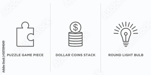 business outline icons set. thin line icons such as puzzle game piece, dollar coins stack, round light bulb vector. linear icon sheet can be used web and mobile