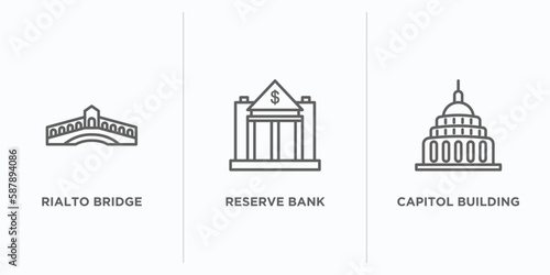 buildings outline icons set. thin line icons such as rialto bridge, reserve bank, capitol building vector. linear icon sheet can be used web and mobile
