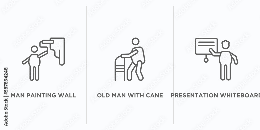 Fototapeta premium behavior outline icons set. thin line icons such as man painting wall, old man with cane, presentation whiteboard vector. linear icon sheet can be used web and mobile