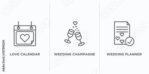 birthday and party outline icons set. thin line icons such as love calendar, wedding champagne, wedding planner vector. linear icon sheet can be used web and mobile