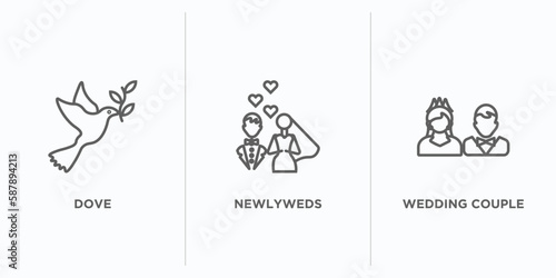 birthday and party outline icons set. thin line icons such as dove, newlyweds, wedding couple vector. linear icon sheet can be used web and mobile