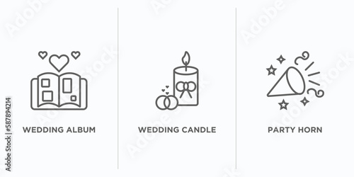 birthday and party outline icons set. thin line icons such as wedding album, wedding candle, party horn vector. linear icon sheet can be used web and mobile photo