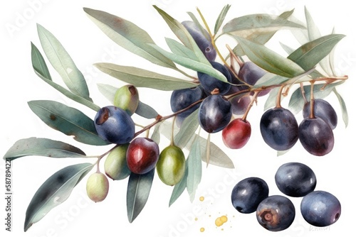 Illustration of olives and leaves on a white background. Generative AI