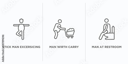 behavior outline icons set. thin line icons such as stick man excersicing, man wirth carry, man at restroom vector. linear icon sheet can be used web and mobile