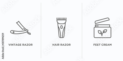 beauty outline icons set. thin line icons such as vintage razor, hair razor, feet cream vector. linear icon sheet can be used web and mobile