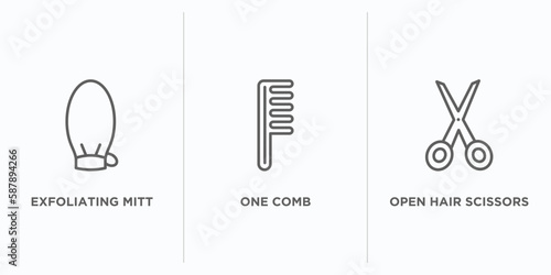 beauty outline icons set. thin line icons such as exfoliating mitt, one comb, open hair scissors vector. linear icon sheet can be used web and mobile