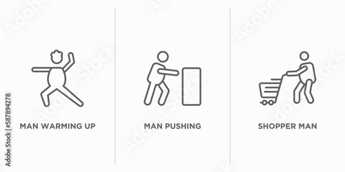 behavior outline icons set. thin line icons such as man warming up, man pushing, shopper man vector. linear icon sheet can be used web and mobile