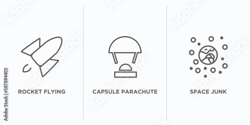 astronomy outline icons set. thin line icons such as rocket flying, capsule parachute, space junk vector. linear icon sheet can be used web and mobile