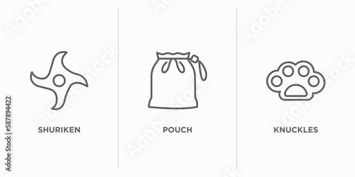 asian outline icons set. thin line icons such as shuriken, pouch, knuckles vector. linear icon sheet can be used web and mobile