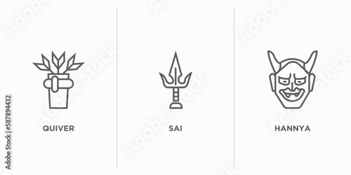 asian outline icons set. thin line icons such as quiver, sai, hannya vector. linear icon sheet can be used web and mobile