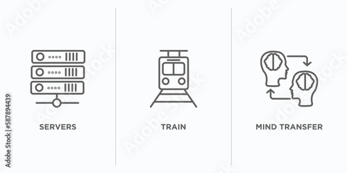 artificial intellegence outline icons set. thin line icons such as servers, train, mind transfer vector. linear icon sheet can be used web and mobile