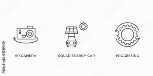 artificial intellegence outline icons set. thin line icons such as ar camera, solar energy car, processing vector. linear icon sheet can be used web and mobile