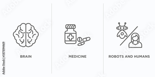 artificial intellegence outline icons set. thin line icons such as brain, medicine, robots and humans vector. linear icon sheet can be used web and mobile