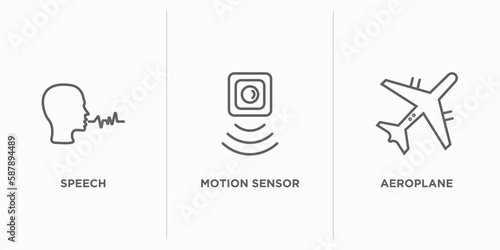artificial intellegence outline icons set. thin line icons such as speech, motion sensor, aeroplane vector. linear icon sheet can be used web and mobile