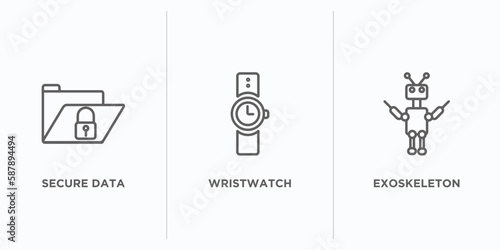 artificial intellegence outline icons set. thin line icons such as secure data, wristwatch, exoskeleton vector. linear icon sheet can be used web and mobile