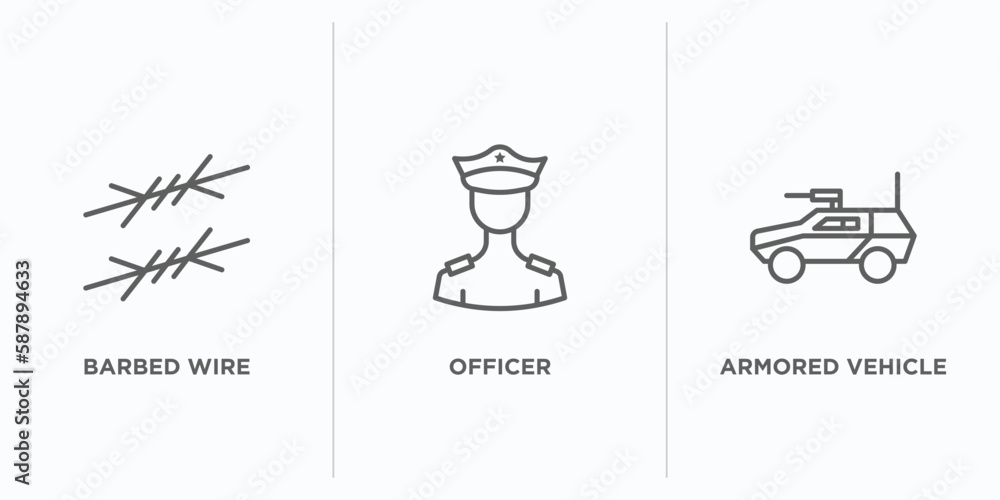 army and war outline icons set. thin line icons such as barbed wire, officer, armored vehicle vector. linear icon sheet can be used web and mobile