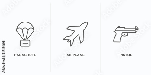 army and war outline icons set. thin line icons such as parachute, airplane, pistol vector. linear icon sheet can be used web and mobile photo