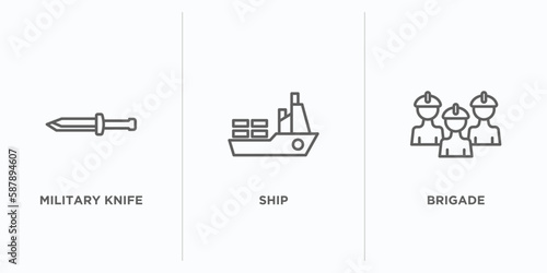 army and war outline icons set. thin line icons such as military knife, ship, brigade vector. linear icon sheet can be used web and mobile