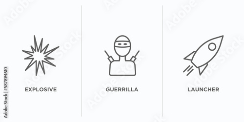 army and war outline icons set. thin line icons such as explosive, guerrilla, launcher vector. linear icon sheet can be used web and mobile