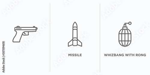 army and war outline icons set. thin line icons such as , missile, whizbang with rong vector. linear icon sheet can be used web and mobile photo