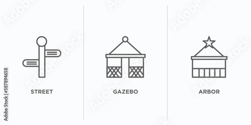 architecture and city outline icons set. thin line icons such as street, gazebo, arbor vector. linear icon sheet can be used web and mobile