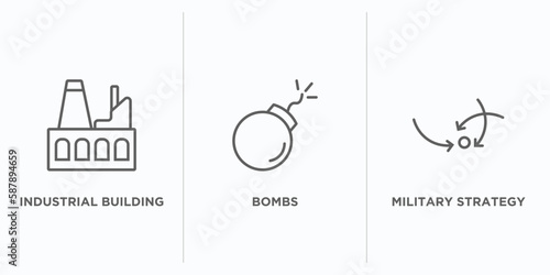 army outline icons set. thin line icons such as industrial building, bombs, military strategy vector. linear icon sheet can be used web and mobile