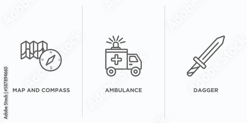 army outline icons set. thin line icons such as map and compass, ambulance, dagger vector. linear icon sheet can be used web and mobile