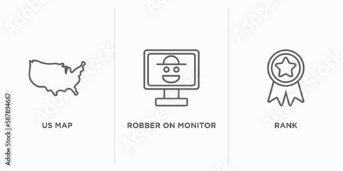 army outline icons set. thin line icons such as us map, robber on monitor, rank vector. linear icon sheet can be used web and mobile
