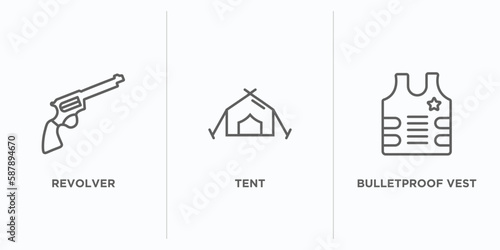 army outline icons set. thin line icons such as revolver, tent, bulletproof vest vector. linear icon sheet can be used web and mobile