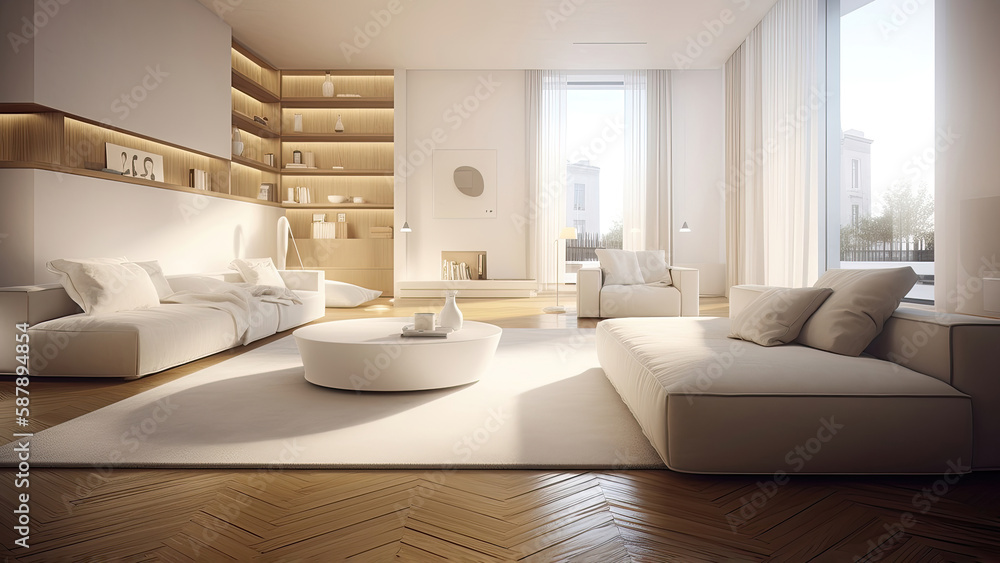 A contemporary living room with a high ceiling, white walls, and minimalistic furniture: photorealistic illustration, Generative AI A contemporary living room with a high ceiling, white walls, and minimalistic furniture: photorealistic illustration, Generative AI