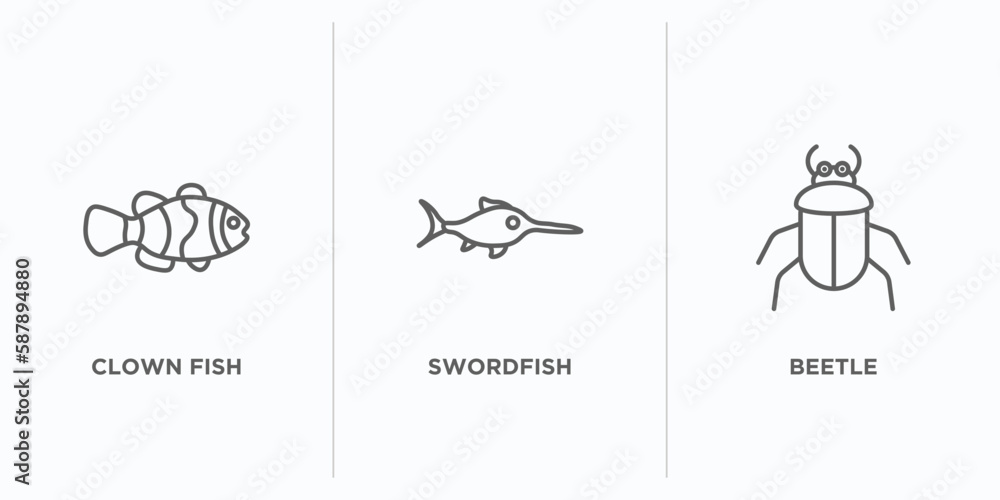 animals outline icons set. thin line icons such as clown fish, swordfish, beetle vector. linear icon sheet can be used web and mobile animals outline icons set. thin line icons such as clown fish, swordfish, beetle vector. linear icon sheet can be used web and mobile